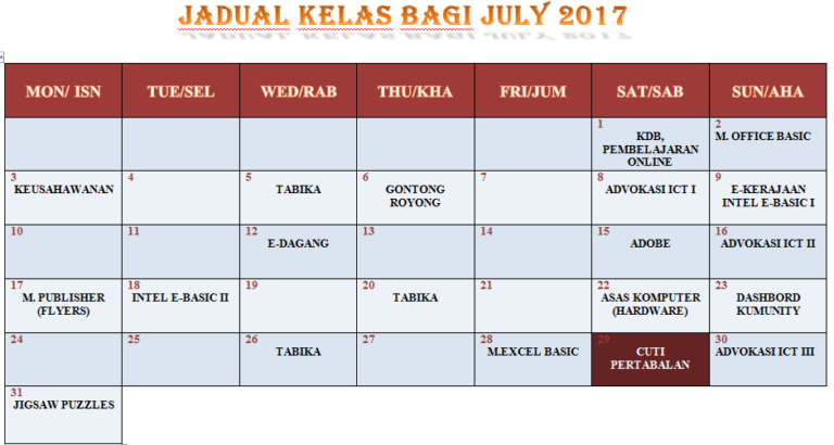 JADUAL KELAS JULY 2017