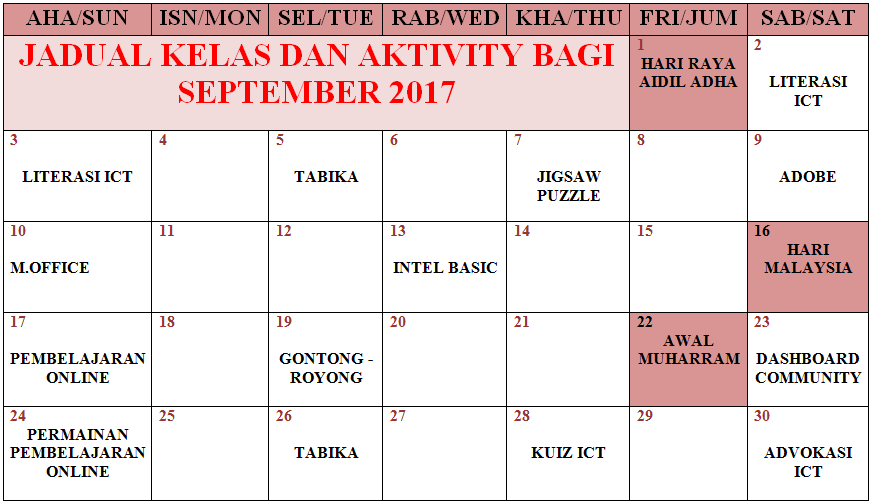 Jadual Aktivity September