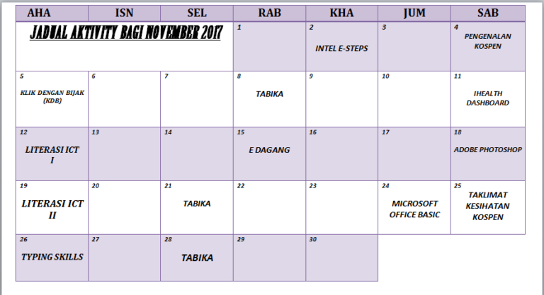 Jadual Aktiviti November