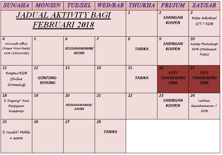 Jadual Aktivity FEb 18